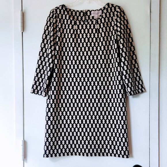 Philosophy Sz 10 Ponte Knit Black Beige Tan Chain Print Long Sleeve Shift Dress - Picture 5 of 14